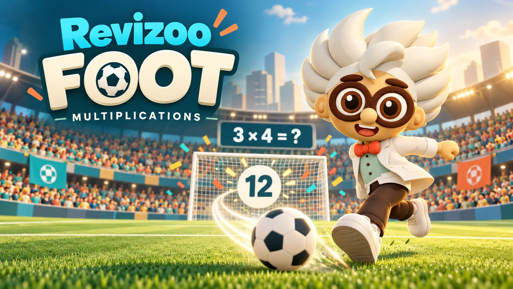 Le petit savant Revizoo tire un penalty vers le résultat d’une multiplication